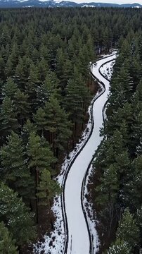 winding road in the mountains, Aerial view of windy road at winter pine forest, vertical backgrounds
