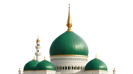 Green Dome Mosque with Golden Spire Isolated on White Background