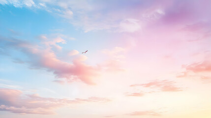 Bird Flying in Pastel Sky at Sunset with Colorful Clouds