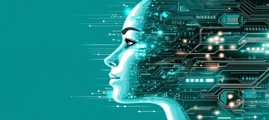 Human Head with Glowing Circuit Board and Numerical Data on Blue Background, Vector Illustration
