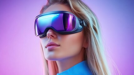 Fototapeta premium Close up portrait of a woman wearing vibrant purple and blue ski goggles. The woman has light blonde hair and a light makeup. The goggles have