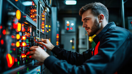skilled technician adjusting control panels in modern facility, focused on maintenance tasks