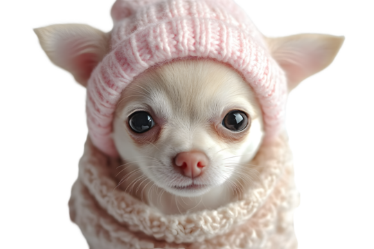 Sweet Chihuahua Puppy Wearing Pink Hat - Isolated on White Background