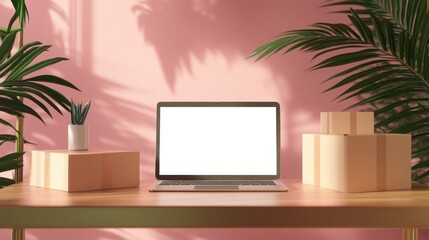 Fototapeta premium Online ecommerce store mockup, dropshipping business website concept. Table with laptop computer mock up blank white screen, shipping boxes, retail marketplace, warehouse delivery background, banner.