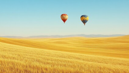 Fototapeta premium Hot Air Balloons Soar Over Golden Wheat Fields on a Sunny Day, Scenic Landscape View