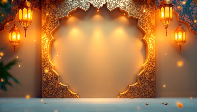 A beautifully designed Ramadan Kareem invitation card with a dark green background, glowing golden lanterns, and symmetrical floral motifs. The central blank space allows for inserting quotes, prayers