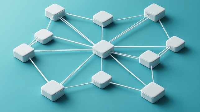 D blockchain network with digital blocks and security encryption on a cyan gradient background.