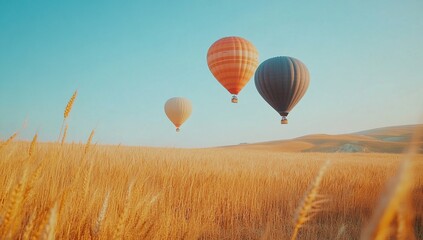 Obraz premium Hot Air Balloons Soar Over Golden Wheat Fields at Dawn, a Serene Flight Adventure.