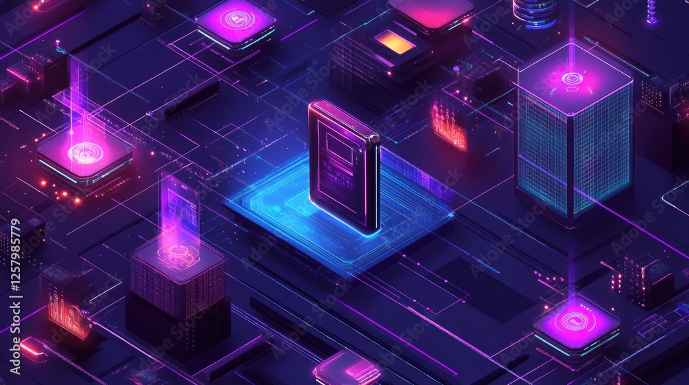 Poster abstract high-tech ai-driven innovation lab with futuristic technology.