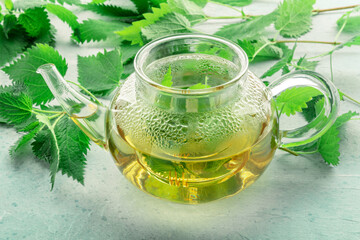 Nettle tea. Medicinal herbal tea with Urtica leaves. Fresh wild herb, a tea pot with the steeping plant