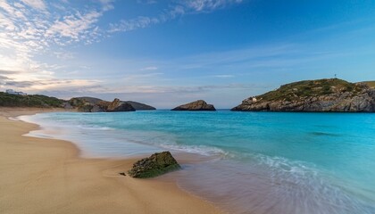 Obraz premium playa pariadisaca de arena fina blanca, con aguas cristalinas y cielo azul, en un precioso atardecer de hora dorada, concepto de postal de viaje