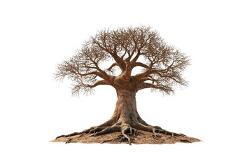 A striking baobab tree with wide roots extending downward isolated on white or transparent, PNG