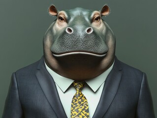 Close-up of an anthropomorphic hippo in a classic suit, showcasing reliability and approachability for HR and team management. Detailed view of suit and hippo.