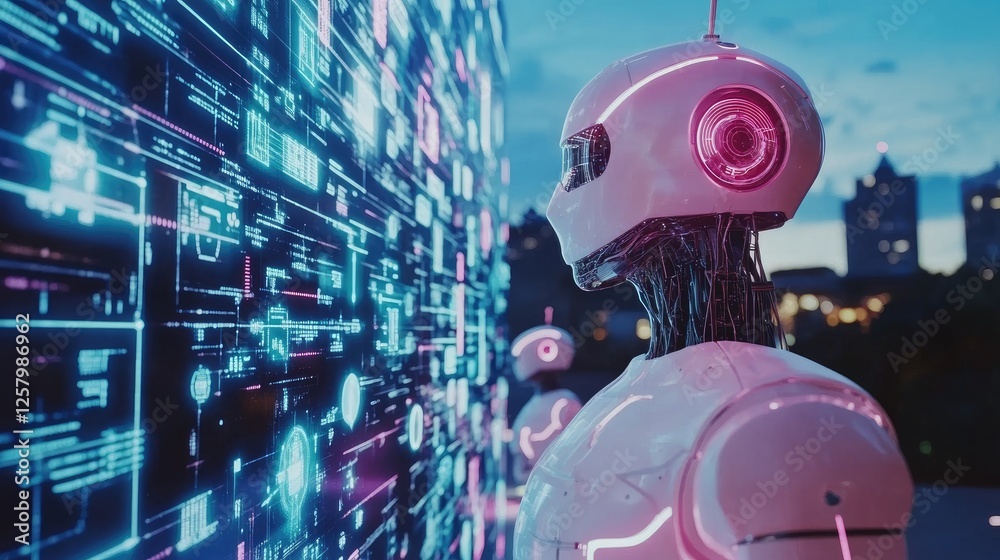 Poster artificial intelligence concept with futuristic ai-powered robots.