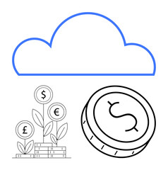 Cloud icon above coin stack plants with currency symbols and large dollar coin. Ideal for finance, investment growth, currency exchange, cloud services, fintech, online banking, and digital economy
