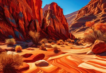 vibrant desert landscape featuring stunning colorful rock formations diverse textures arrangements under bright clear blue sky, rocks, scenery, terrain