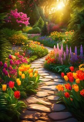 Fototapeta premium vibrant bloom pathway lush dynamic garden surrounded colorful flowers greenery, rainbow, lgbtq, lgbt, pride, love, equality, foliage, landscape, plants