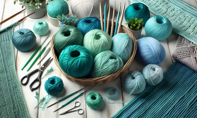 Strickzeug mit Wollkn&auml;ueln in verschiedenen Blau- und Gr&uuml;nt&ouml;nen mit Stricknadeln und Strickzubeh&ouml;r