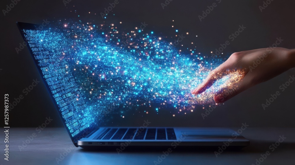 Poster close up of hand using laptop at desktop with abstract glowing blue coding background. binary code, 