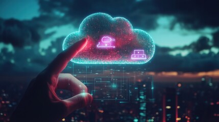 Cloud service concept with man finger touching digital screen with cloud service application icons at abstract city background