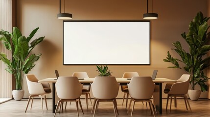 Fototapeta premium A minimalist meeting room with a large blank screen and ergonomic chairs.