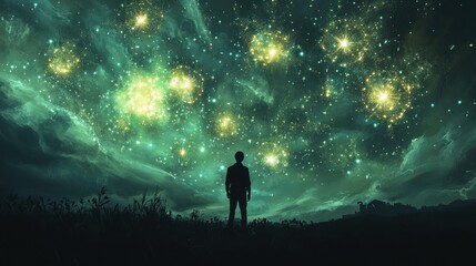 Man silhouetted against vibrant, starlit night sky.