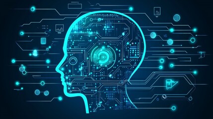 Human Head Silhouette, Integrated Motherboard, Binary Code, Dark Background. Artificial Intelligence