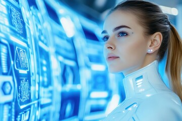 Innovative Woman In A Futuristic Scanning Environment