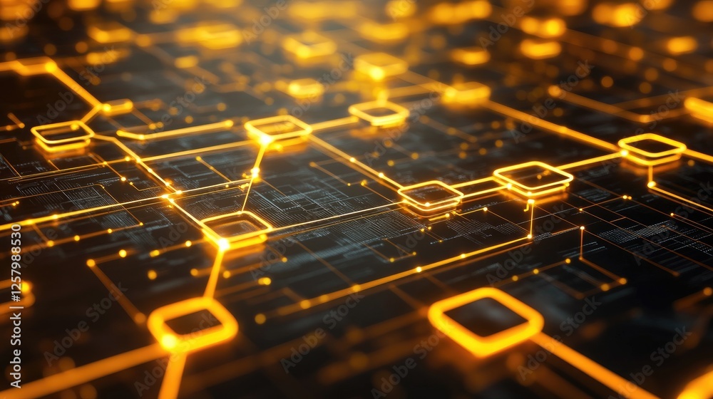 Poster blockchain chain and data flow visualizations with glowing blocks and nodes on a neon yellow backgro