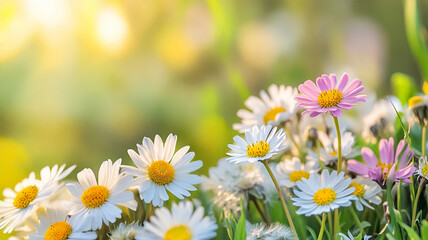 Flowers daisies in summer spring meadow on background blue sky with white clouds,Summer natural idyllic pastoral landscape, copy space.