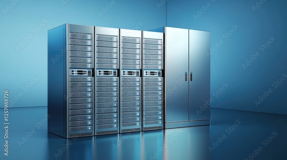 Poster blockchain decentralized data storage system with secure data blocks on a blue gradient background.