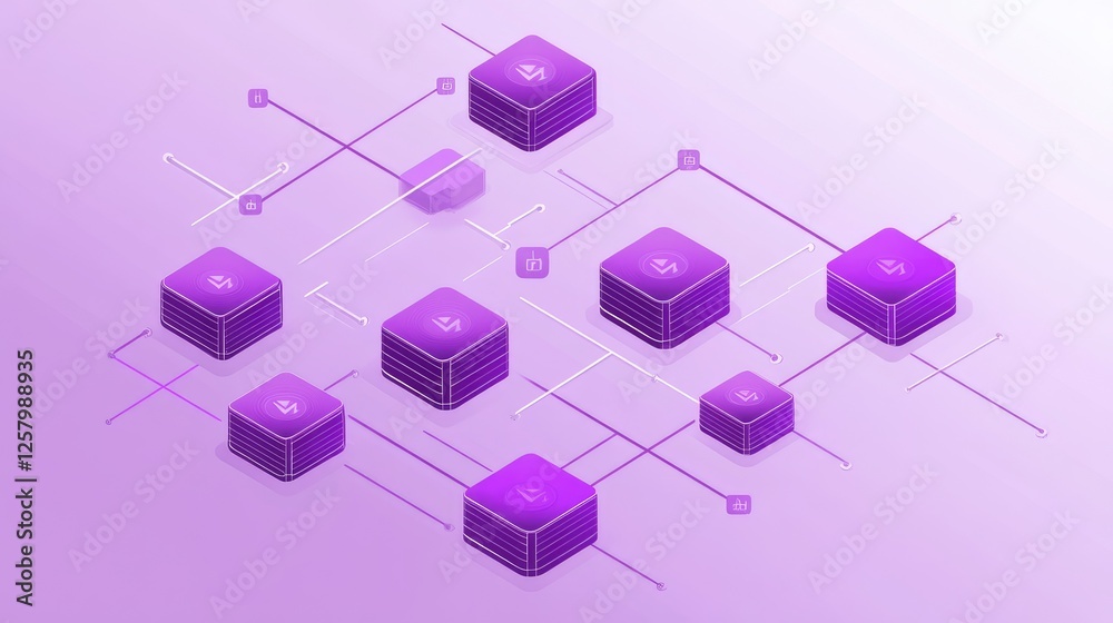 Poster blockchain network flow with interconnected nodes and cryptographic blocks on a light purple backgro