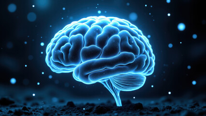 The image depicts an artistic rendering of a human brain set against a dark backdrop with stars or particles, symbolizing artificial intelligence (AI) and advanced cognition.