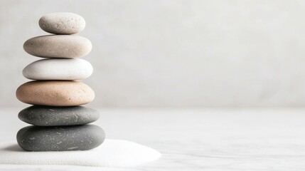 Mindfulness and meditation method Mindfulness and meditation method, A serene stack of smooth stones symbolizes balance and tranquility against a minimalist background.