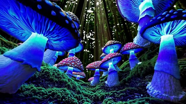 Surreal nature, colorful mushrooms in vibrant psychedelic forest.
