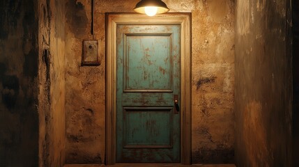 a fire exit door in an old building, its chipped paint and rusty metal frame adding character, illuminated by a dim overhead light in a narrow hallway