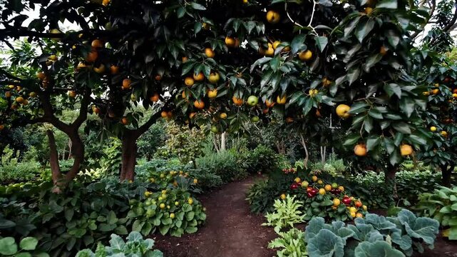 Landscaping Garden, cinematic shot tracking along a winding path in a lush edible garden, featuring vibrant fruit-bearing trees, leafy greens, and colorful vegetables.
