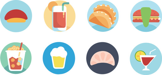 Global Cuisine Flat Vector Icons Sushi, Tacos, Pasta, Croissants, and Drinks.