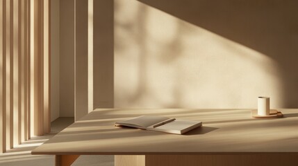 Fototapeta premium Bright meeting area with a minimalist table and an open notebook.