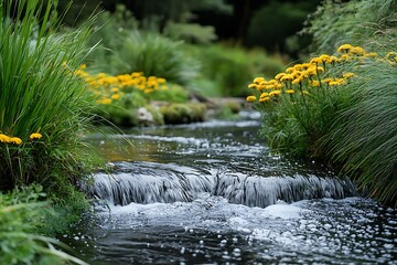 Pair of ducks swimming in a small stream surrounded by reeds