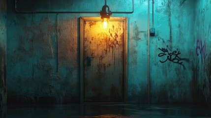 a fire exit door surrounded by water-stained walls and faint graffiti in an old building, illuminated by a single exposed bulb