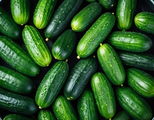 Fresh cucumbers top view. Poster, banner, background with a culinary theme. The topic of proper nutrition.