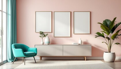 Fototapeta premium Pink room, teal armchair, modern console, empty frames, plant, sunlight