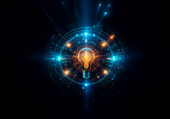 Futuristic glowing light bulb surrounded by digital circles and lines emits bright orange and blue light against a dark backdrop, symbolizing innovation and technology.