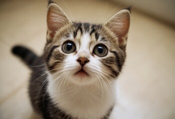 Obraz premium Adorable Wide-Eyed Kitten Looking Up with a Curious Expression
