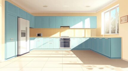 Sunny modern kitchen interior, sunlight, calm atmosphere, photorealistic illustration, possible use home decor, interior design