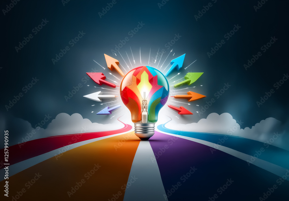 Poster a vibrant light bulb radiates colorful arrows, symbolizing bright ideas and innovation. it stands on