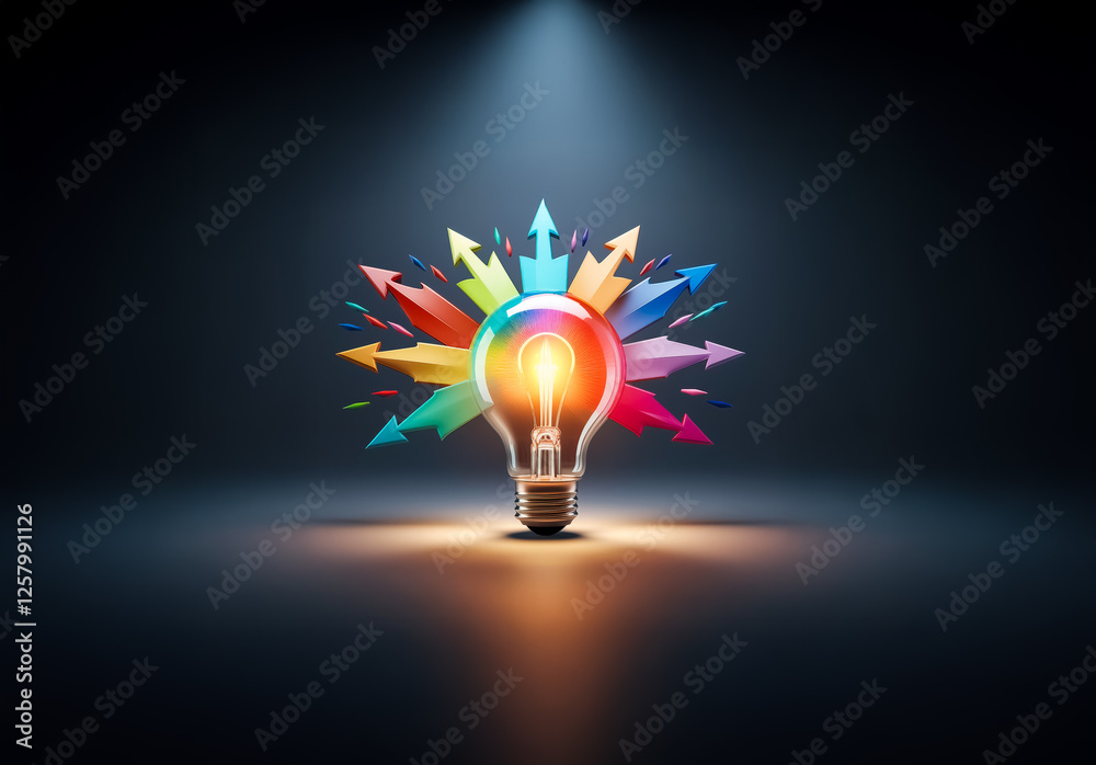 Poster a glowing light bulb radiates vibrant arrows, symbolizing bright ideas spreading outwards in multipl
