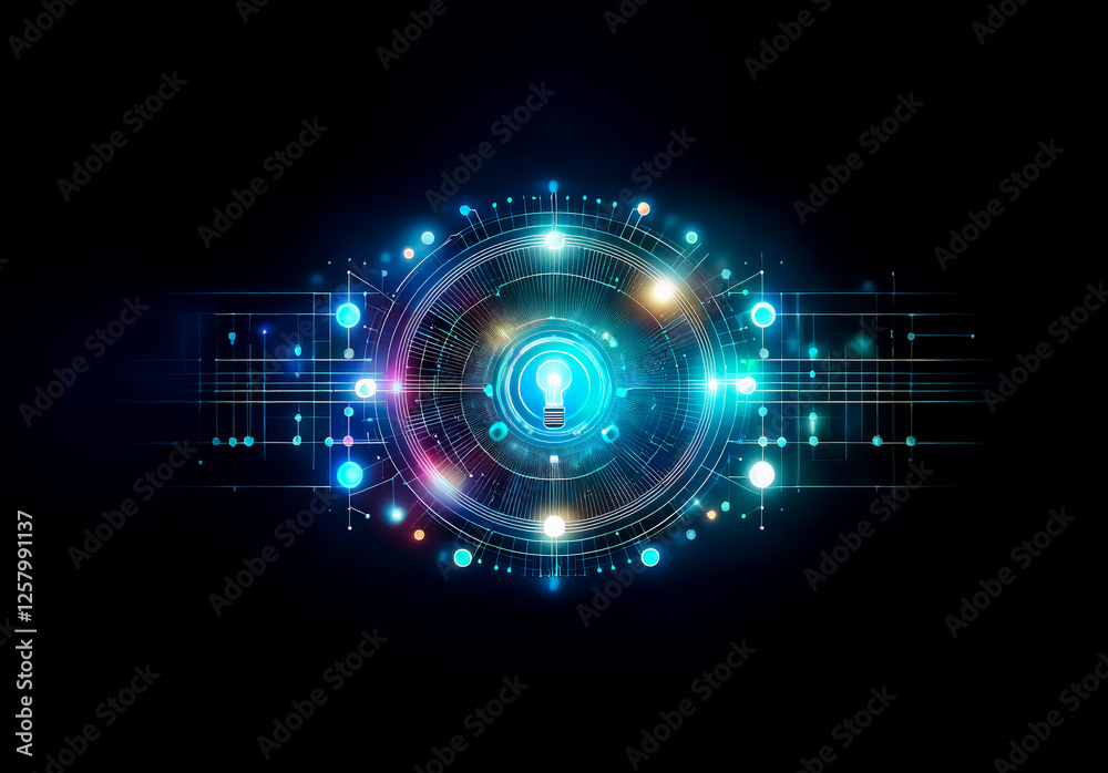 Leinwandbilder futuristic digital eye with a central keyhole emitting vibrant blue light. concentric circles and li