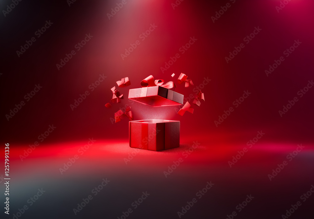 Poster A red gift box is slightly open, red confetti floats out, illuminated by a spotlight against a dark red backdrop.